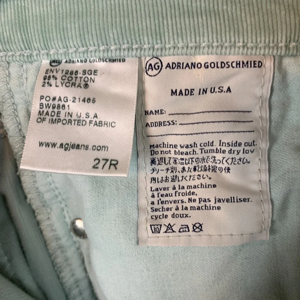 AG Adriano Goldschmied Pants 27 R  Stevie Slim Straight Corduroy‎ Mint Green